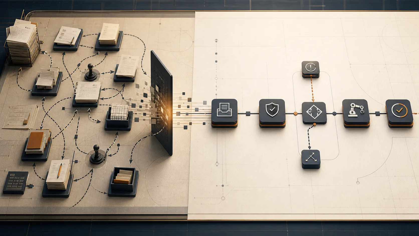 Schematische Darstellung der Umwandlung eines unübersichtlichen manuellen Ablaufs in einen strukturierten digitalen Workflow.