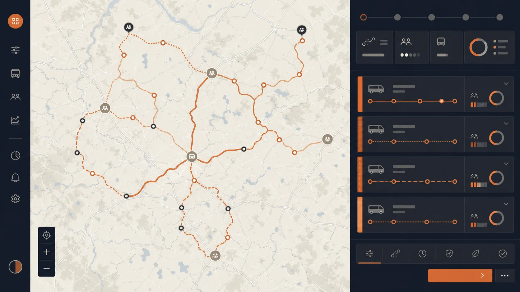 Illustrative Beispielansicht einer Routenplanung mit neutralen Haltepunkten, mehreren Fahrzeugrouten und Auslastungsübersicht.